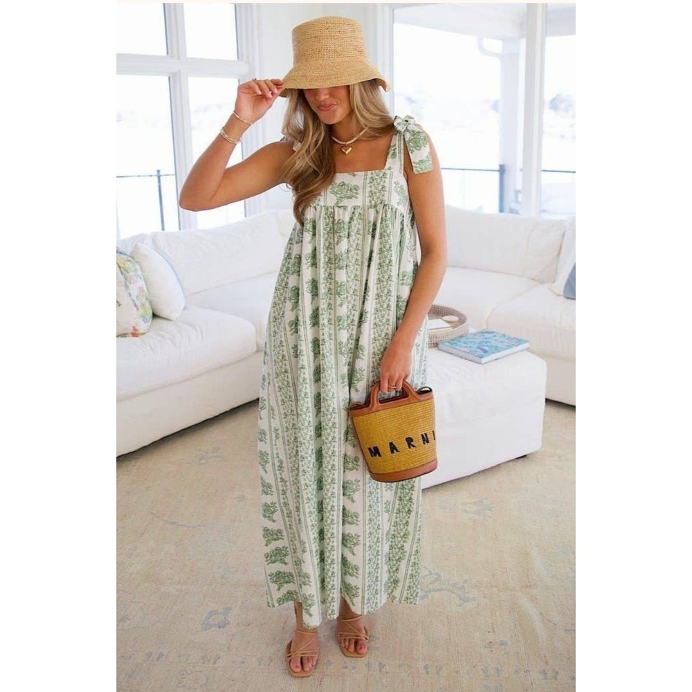 Womens Floral Stripe Maxi Dress 2XL Green White Tie Shoulder Boho Cottage Beach